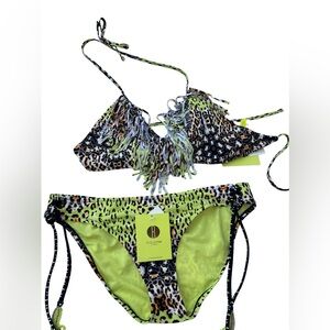 R Collection by Raisins ladies 2pc animal fringe bikini swimsuit size Lg NEW